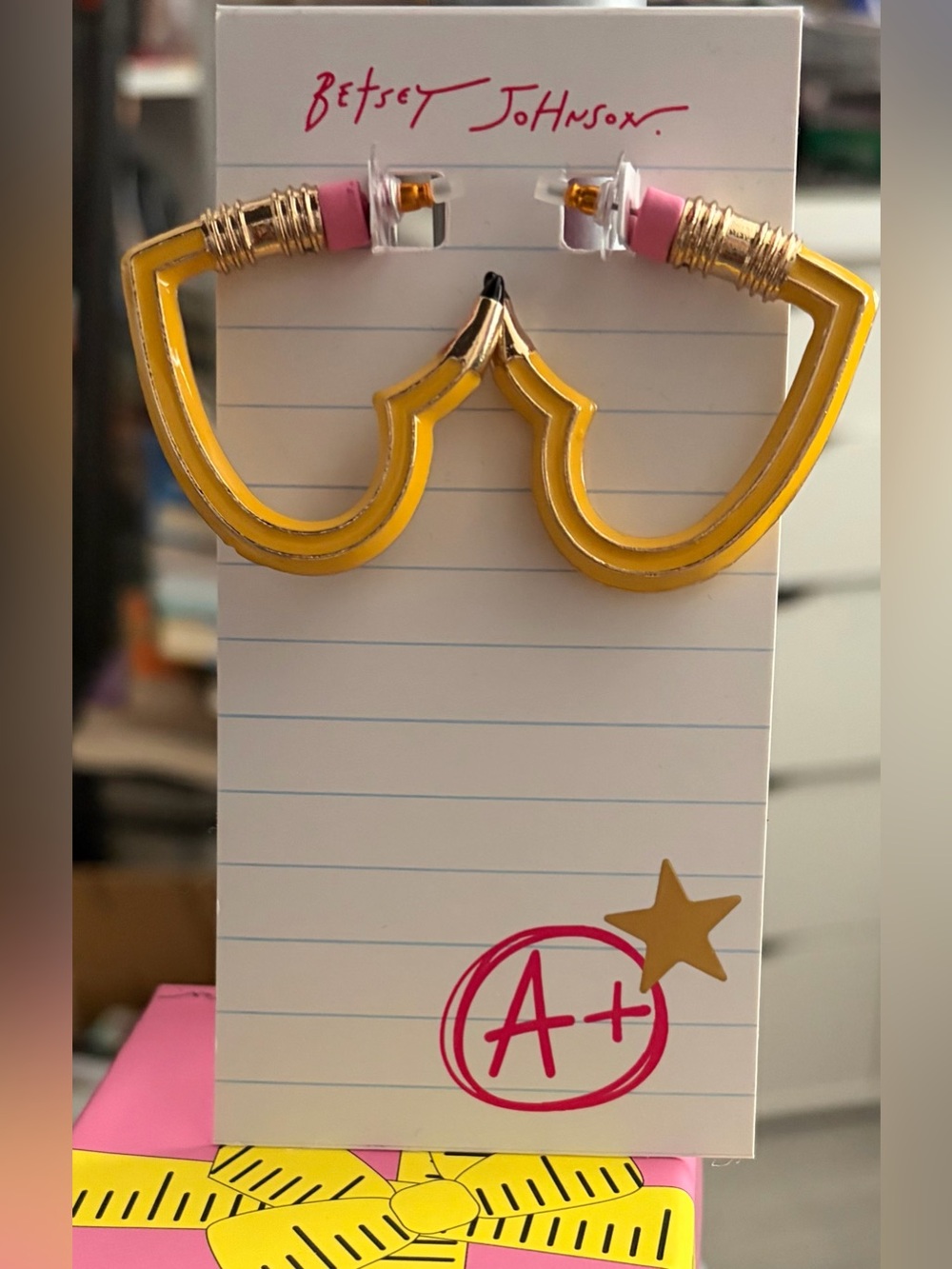 Betsey Johnson Yellow Pencil-Shaped Hoop Earrings with Pink Eraser Detail